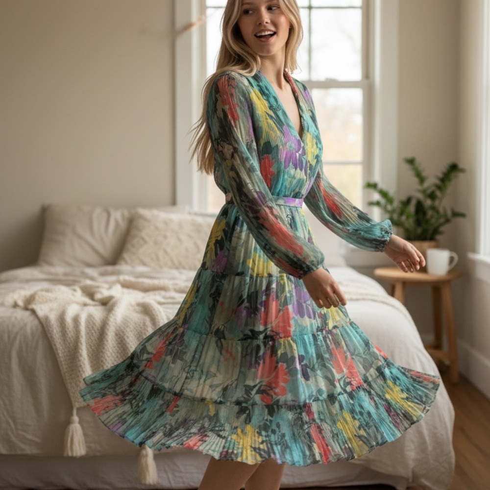 Alex Marie Midi Dress V-Neck Long Sleeve Tiered Pleated Belted Waist No Size Tag
